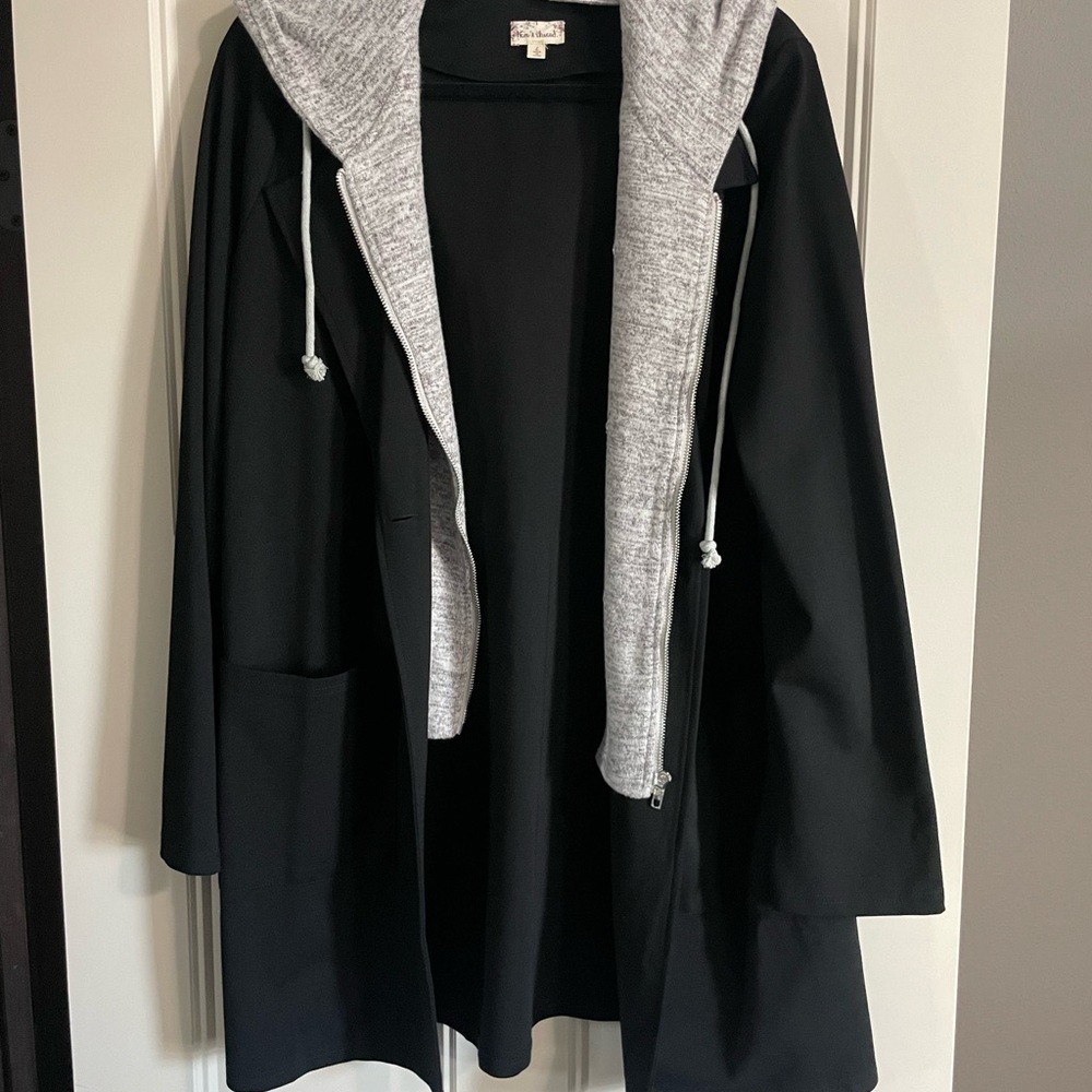 Black and Gray Women's Hooded Jacket with removable hood.